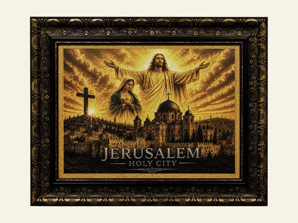 Jesus, Mary Cross – Jerusalem Holy City - framed Jerusalem stone wall art