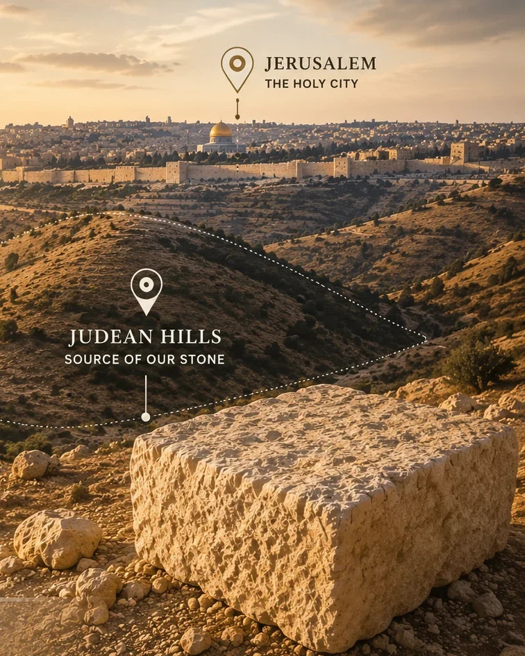 The Old City of Jerusalem above the Judean Hills, with a freshly quarried block of Jerusalem stone in the foreground.