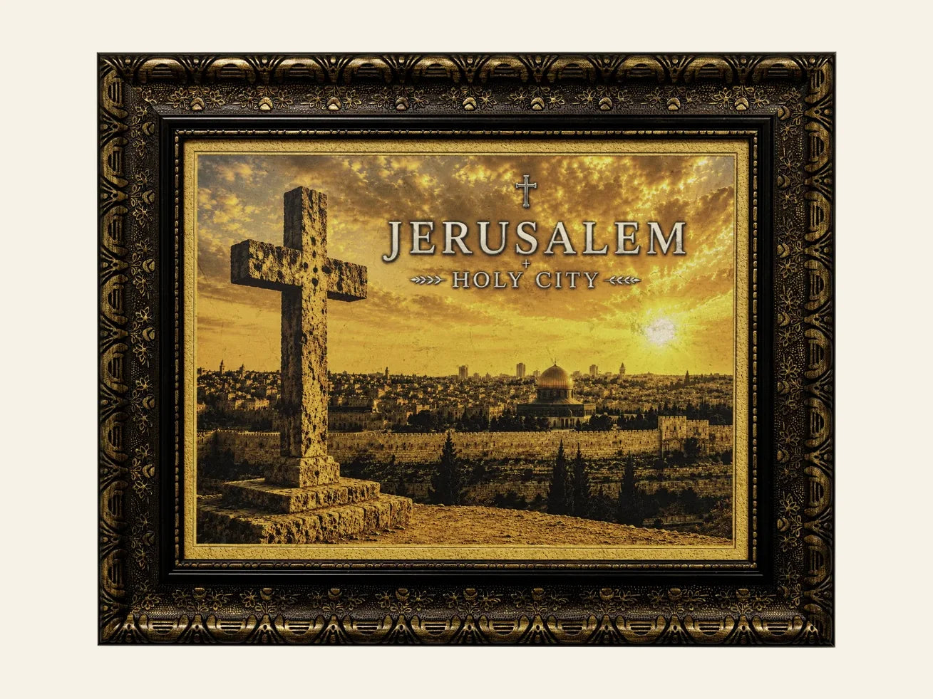Jerusalem Holy City - Cross at Sunset - framed Jerusalem stone wall art