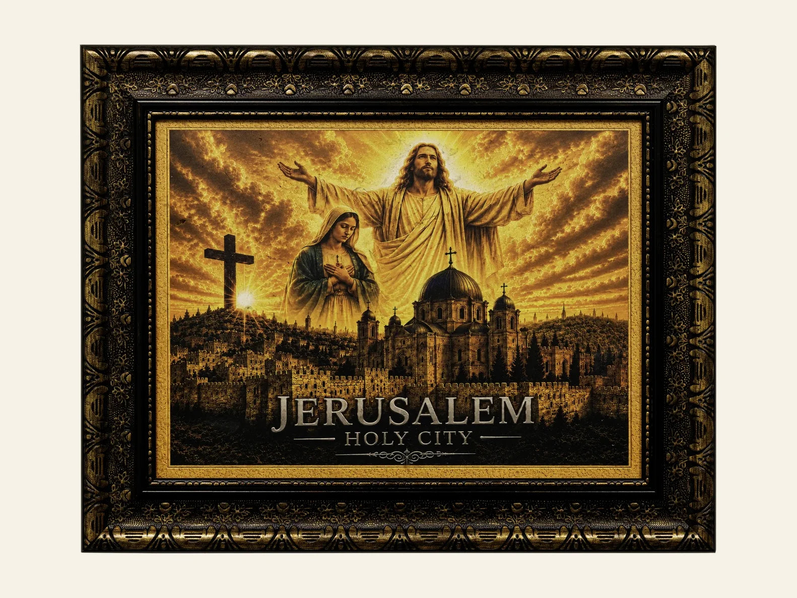 Jesus, Mary   Cross – Jerusalem Holy City - framed Jerusalem stone wall art