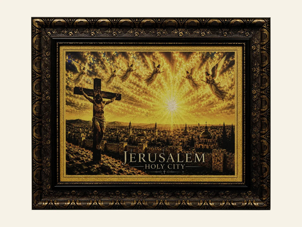 Crucifixion over the Holy City - framed Jerusalem stone wall art