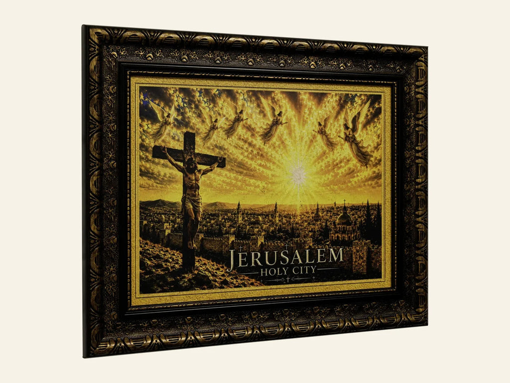 Crucifixion over the Holy City - framed Jerusalem stone wall art - side view