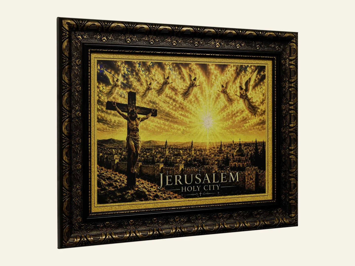 Crucifixion over the Holy City - framed Jerusalem stone wall art - side view