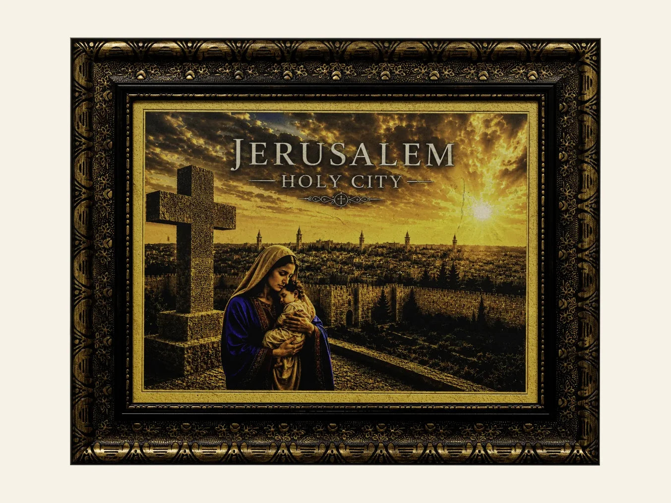 Mary   Child Jesus – Jerusalem Holy City - framed Jerusalem stone wall art
