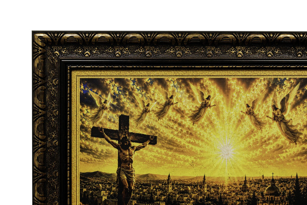 Crucifixion over the Holy City - framed Jerusalem stone wall art - frame detail